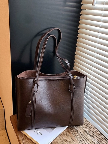 Bolso Tote de Cuero PU Retro para Mujer Gran Capacidad Color Sólido Bolso de Hombro Con Correas Dobles y Detalle de Puntadas