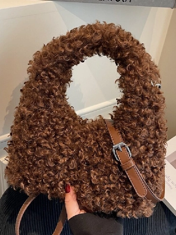 Minimalist Faux Lamb Wool Handbag For Women Solid Color Plush Shoulder Bag With Adjustable Strap Autumn Winter Fashion Tote