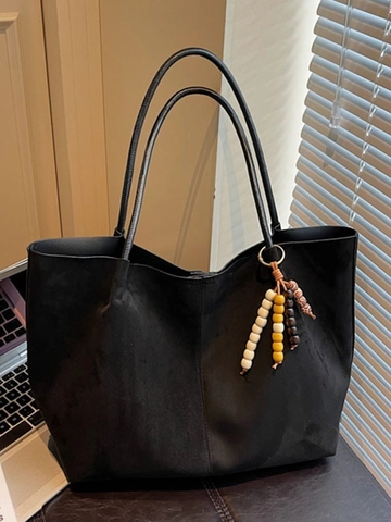 Vintage Women Suede Texture PU Leather Tote Bag Large Capacity Shoulder Bag With Beaded Pendant Soft Commuting Shopping Bag