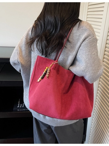 Vintage Women Suede Texture PU Leather Tote Bag Large Capacity Shoulder Bag With Beaded Pendant Soft Commuting Shopping Bag