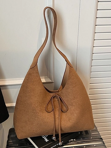 Women Faux Suede Large Capacity Hobo Bag Autumn Winter Casual Shoulder Underarm Tote With Drawstring Bow Decoration