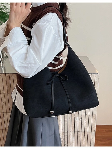 Women Faux Suede Large Capacity Hobo Bag Autumn Winter Casual Shoulder Underarm Tote With Drawstring Bow Decoration