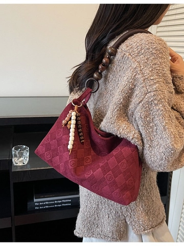 Retro PU Leather Diamond Lattice Shoulder Bag For Women Large Capacity Tote Bag With Wood Bead Handle And Tassel Pendant