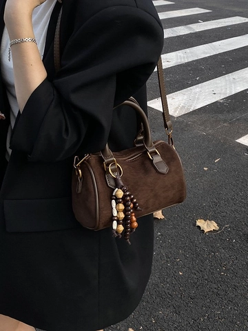 Vintage Matte Suede PU Boston Pillow Bag For Women Retro Bohemian Crossbody Handbag With Wooden Bead Tassel Decor Everyday Bag