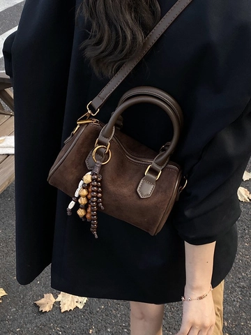 Vintage Matte Suede PU Boston Pillow Bag For Women Retro Bohemian Crossbody Handbag With Wooden Bead Tassel Decor Everyday Bag