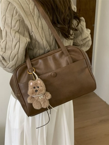 Sac Sous le Bras en Cuir PU Rétro Coréen Grande Capacité Sac à Bandoulière Plissé en Forme d'Oreiller Avec Peluche