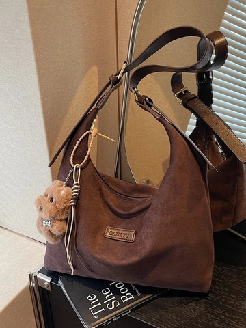 Large Capacity Suede Hobo Tote Bag For Women Vintage Soft Suede Shoulder Bag Casual Commuter Crossbody Bag With Bear Pendant
