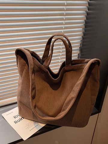 Borsa Tote Donna Grande Capacità in PU con Texture Velluto a Coste Vintage Borsa a Spalla Versatile Borsa a Tracolla Pendolare