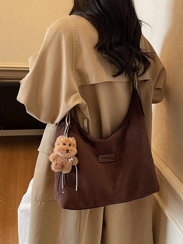 Large Capacity Suede Hobo Tote Bag For Women Vintage Soft Suede Shoulder Bag Casual Commuter Crossbody Bag With Bear Pendant