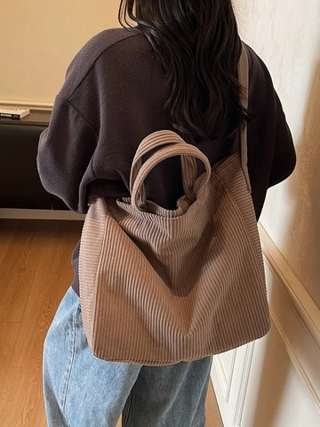 Borsa Tote Donna Grande Capacità in PU con Texture Velluto a Coste Vintage Borsa a Spalla Versatile Borsa a Tracolla Pendolare