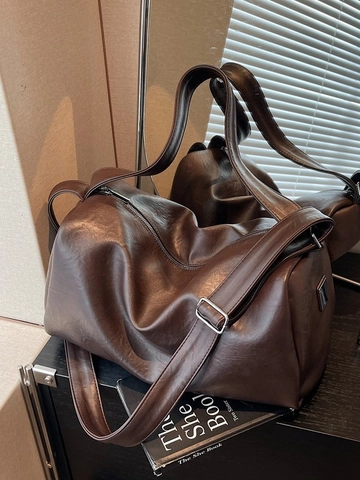 Vintage Large Capacity PU Leather Tote Bag For Women Slouchy Shoulder Crossbody Bag With Adjustable Strap Minimalist Casual Commuting Bag