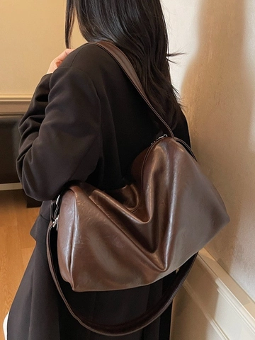 Vintage Large Capacity PU Leather Tote Bag For Women Slouchy Shoulder Crossbody Bag With Adjustable Strap Minimalist Casual Commuting Bag