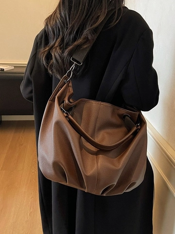 Bolso Tote de Cuero PU de Gran Capacidad para Mujer Diseño de Nicho Vintage Plisado Textura de Lichi Bolso de Hombro