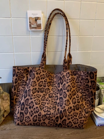 Bolso Tote de Gamuza con Estampado de Leopardo para Mujer Bolso de Hombro de Gran Capacidad Informal de Moda Vintage