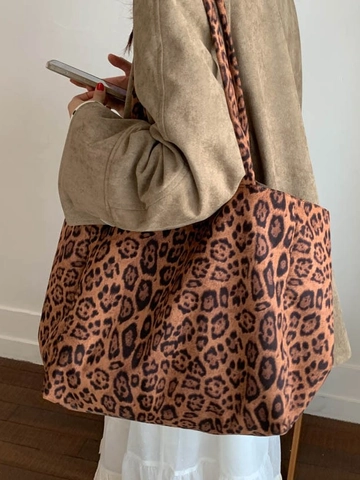 Bolso Tote de Gamuza con Estampado de Leopardo para Mujer Bolso de Hombro de Gran Capacidad Informal de Moda Vintage