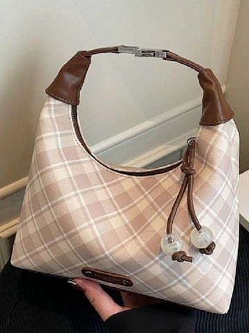 Bolso de Hombro Vintage de Cuero PU a Cuadros para Mujer Bolso Hobo de Axila Con Colgantes de Perlas Artificiales