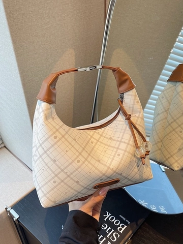 Bolso de Hombro Vintage de Cuero PU a Cuadros para Mujer Bolso Hobo de Axila Con Colgantes de Perlas Artificiales