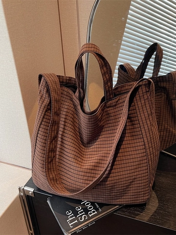 Women's Large Capacity Plaid Canvas Tote Bag Vintage Grid Pattern Shoulder Handbag Versatile Crossbody Bag Daily Travel