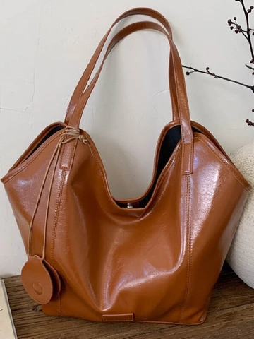 Borsa Tote in Pelle PU di Grande Capacità Retrò per Donna Borsa a Tracolla Lucida Minimalista Borsa da Pendolare con Pendente Tondo