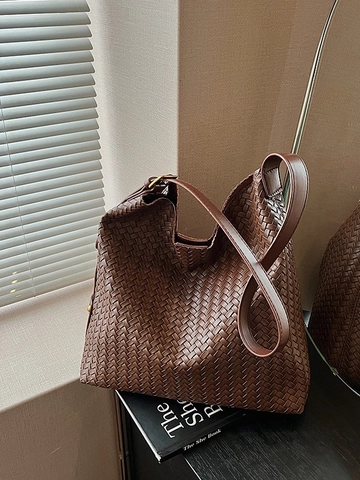Vintage Webstruktur PU Leder Eimertasche Für Damen Großes Fassungsvermögen Intrecciato Schultertasche Minimalistisch Hobo Handtasche