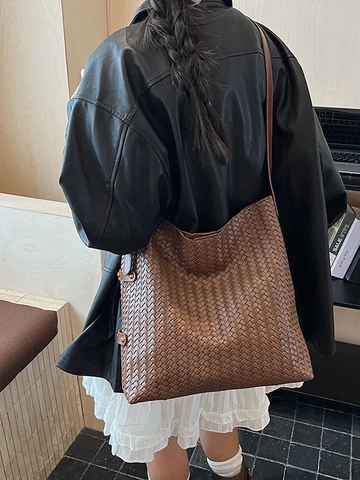 Vintage Webstruktur PU Leder Eimertasche Für Damen Großes Fassungsvermögen Intrecciato Schultertasche Minimalistisch Hobo Handtasche