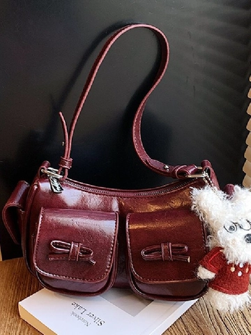 Women Retro Glossy PU Leather Underarm Bag With Bowknot Multi Pockets Fashion Y2K Shoulder Bag With Plush Pendant Solid Color Daily Handbag