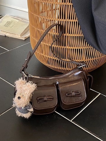 Women Retro Glossy PU Leather Underarm Bag With Bowknot Multi Pockets Fashion Y2K Shoulder Bag With Plush Pendant Solid Color Daily Handbag