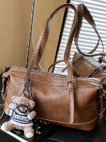 Damen Retro PU Leder Boston Schultertasche Einfarbig Unterarmtasche Mit Bärenanhänger Fashion Umhängetasche Für Den Alltag