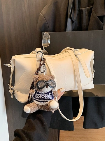 Damen Retro PU Leder Boston Schultertasche Einfarbig Unterarmtasche Mit Bärenanhänger Fashion Umhängetasche Für Den Alltag