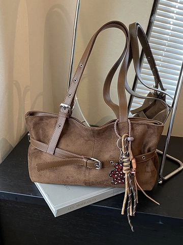 Vintage Suede Tote Bag For Women Large Capacity Shoulder Underarm Bag Urban Casual Frosted PU Leather Handbag With Pendant