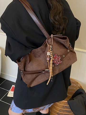 Vintage Suede Tote Bag For Women Large Capacity Shoulder Underarm Bag Urban Casual Frosted PU Leather Handbag With Pendant