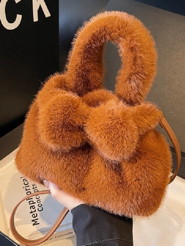 Fashion Women Plush Faux Fur Crossbody Bag Casual Soft Fluffy Bucket Handbag With Bow Decoration Elegant Daily Shoulder Bag