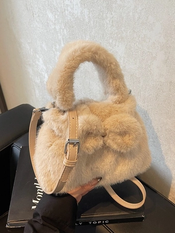 Fashion Women Plush Faux Fur Crossbody Bag Casual Soft Fluffy Bucket Handbag With Bow Decoration Elegant Daily Shoulder Bag