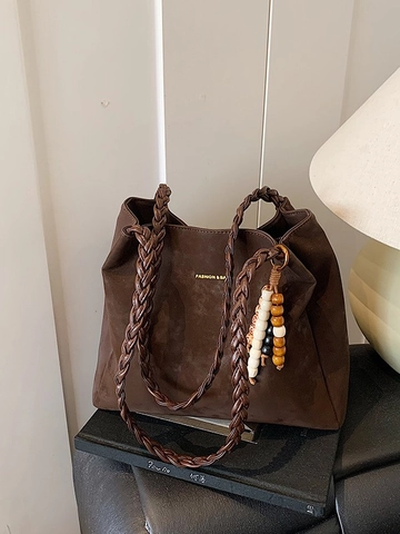 Women Retro Frosted PU Leather Large Tote Bag With Braided Handle And Beaded Pendant Fashion Commute Shoulder Bag Solid Color