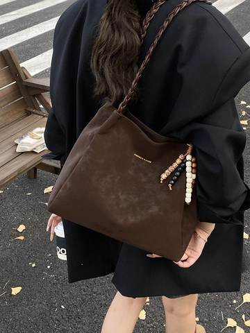 Women Retro Frosted PU Leather Large Tote Bag With Braided Handle And Beaded Pendant Fashion Commute Shoulder Bag Solid Color