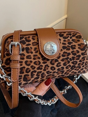Leopard Print Velvet Shoulder Bag Underarm Crossbody PU Leather Vintage Silver Chain Metal Buckle Fashion Women