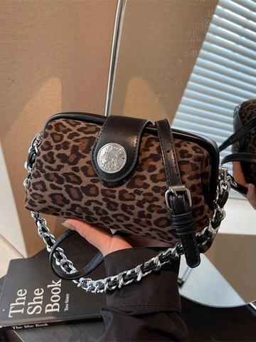 Leopard Print Velvet Shoulder Bag Underarm Crossbody PU Leather Vintage Silver Chain Metal Buckle Fashion Women