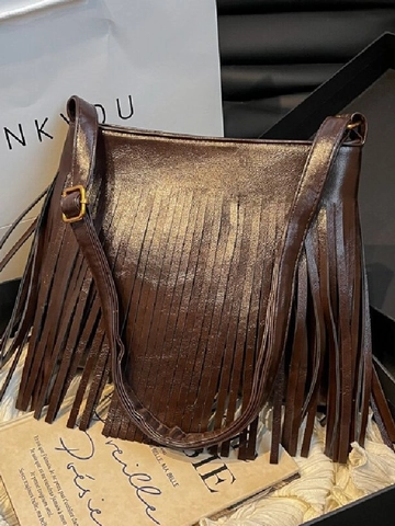 Vintage Fringe Tassel Bucket Bag For Women Retro PU Leather Shoulder Bag Bohemian Small Crossbody Bag Casual All-match Handbag