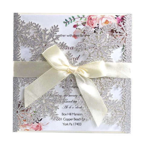 Inviti di Matrimonio Taglio Laser Fiocco di Neve Con Busta Carta Perlata Glitterata Inserto Floreale Fiocco Biglietto Auguri