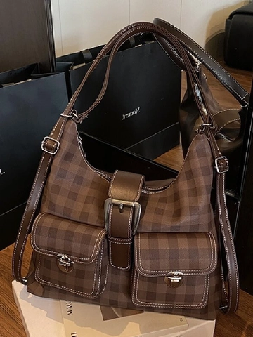 Borsa Tote Retro a Scacchiera Grande Capacità per Donna in Pelle PU Multitasche Borsa a Spalla Pendolare Casual Hobo