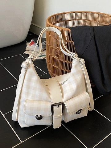 Borsa Tote Retro a Scacchiera Grande Capacità per Donna in Pelle PU Multitasche Borsa a Spalla Pendolare Casual Hobo