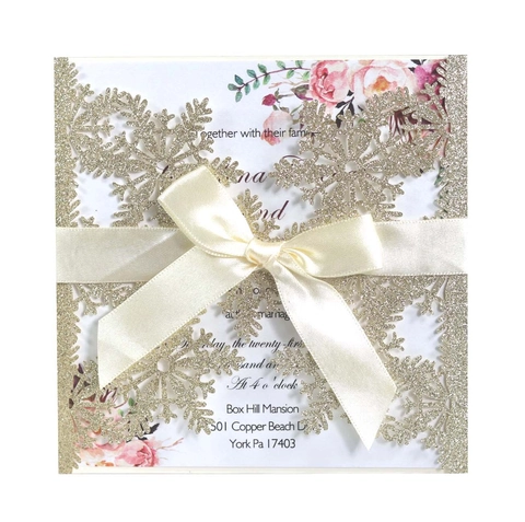 Inviti di Matrimonio Taglio Laser Fiocco di Neve Con Busta Carta Perlata Glitterata Inserto Floreale Fiocco Biglietto Auguri