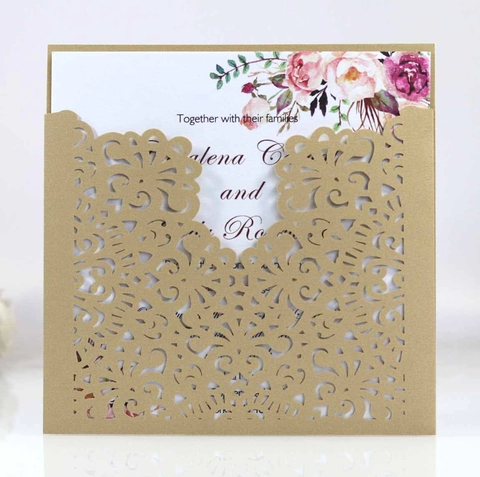 Biglietti Invito Matrimonio Taglio Laser Carta Perlata Design Floreale Cavo Con Fiocco Per Invito Festa Fidanzamento