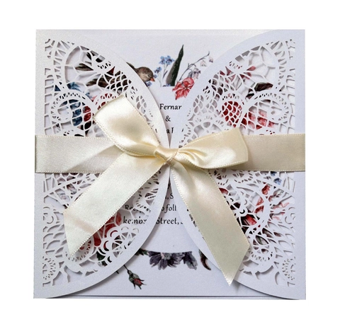 Eleganti Inviti di Matrimonio Taglio Laser Con Fiocco in Raso Carta Perlata Pizzo Floreale Biglietti Intagliati per Celebrazione Fidanzamento Matrimonio