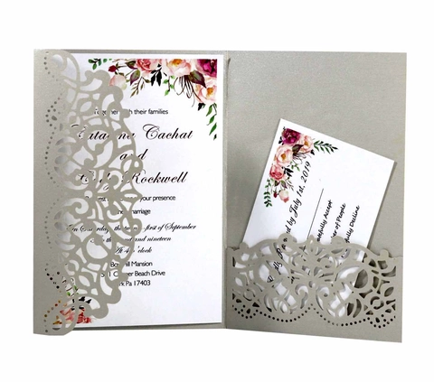 Elegant Laser Cut Wedding Invitations Set With Envelopes Pearl Paper Floral Hollow Out Card For Bridal Shower Engagement