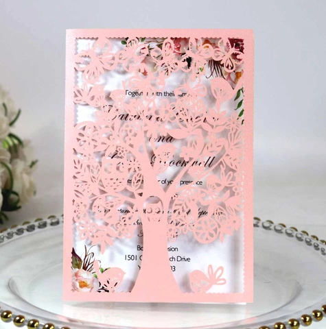 Elegant Laser Cut Hollow Tree Bird Butterfly Wedding Invitation Cards Pearl Paper Greeting Cards For Engagement Party
