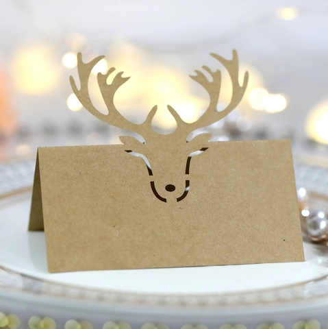 Marque-places de Table en Forme de Tête de Renne Découpés au Laser Papier Kraft Perlé Décoration de Table de Noël