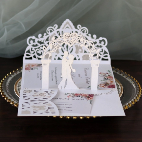 3D Pop Up Hochzeit Einladungen Laserschnitt Hohl Blumen Paar Silhouette Perlmuttpapier Romantische Grußkarten