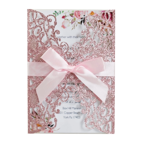 Elegant Laser Cut Wedding Invitation Card With Glitter Paper Hollow Design Floral Inner Sheet Satin Ribbon Envelope