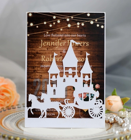 Laser Cut Wedding Invitation Cards European Vintage Castle Carriage Hollow Pearlescent Paper Greeting Cards For Engagement Party